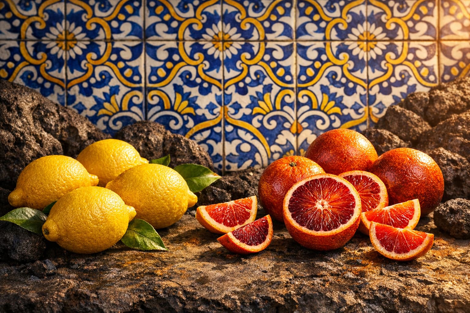 Lemons and blood oranges on volcanic rocks before a blue and yellow tiled wall.