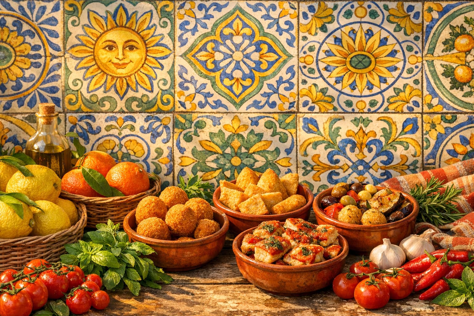 Authentic Sicilian market with traditional majolica tiles and fresh citrus displays