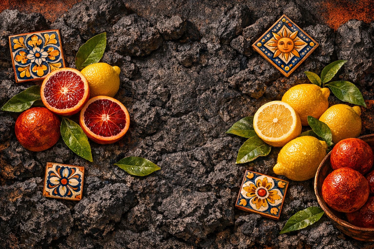 Blood oranges, lemons, and decorative tiles scattered on a dark, textured volcanic rock surface.