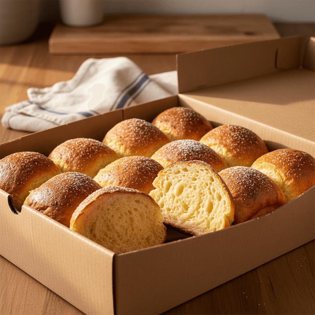 Twelve brioche pastries in a box
