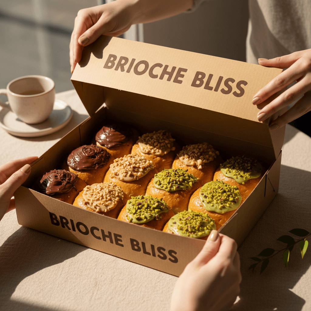 Open box of 12 filled brioche in alternating flavors.
