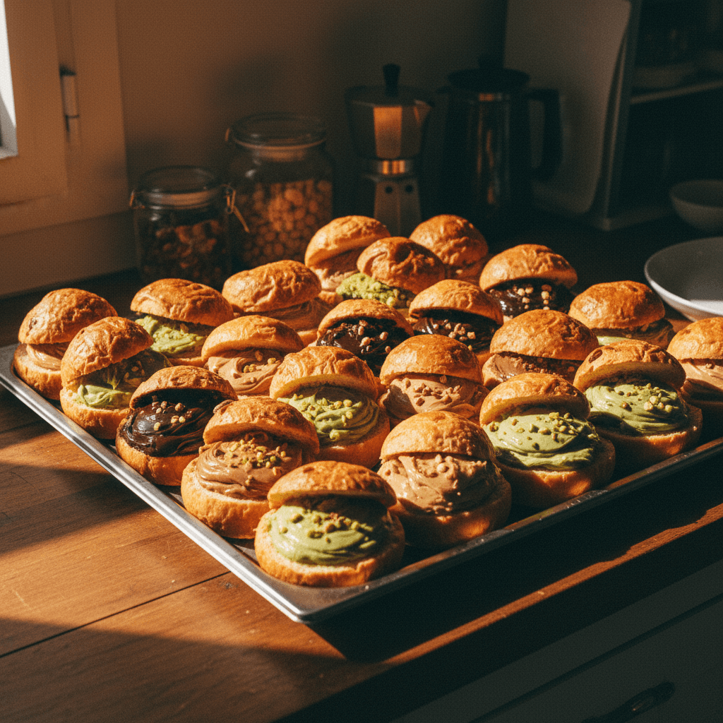 Catering tray of 24 filled brioche rolls with different fillings visible.