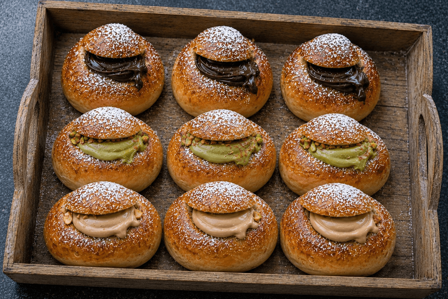 Nine powdered sugar buns with chocolate, pistachio, and caramel fillings in a wooden tray.